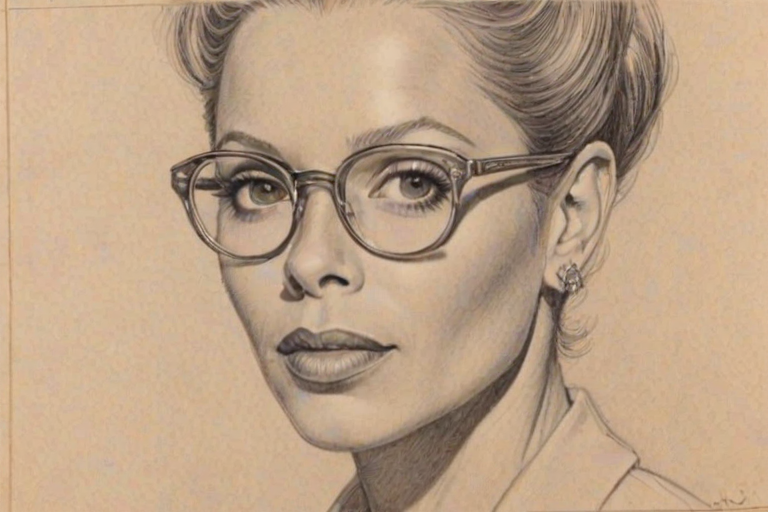 Captivating Debra Wilson, pencil sketch, portrait of Dazzling woman 1936s in glasses, hair style beatnik, outline, clear lines, fine lines, 8k