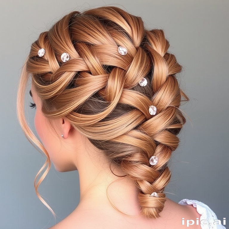 Romantic rose gold French braid titled "Blush Intertwine" woven intricately from the crown to the nape, incorporating soft tendrils and shimmering rose quartz hair accessories