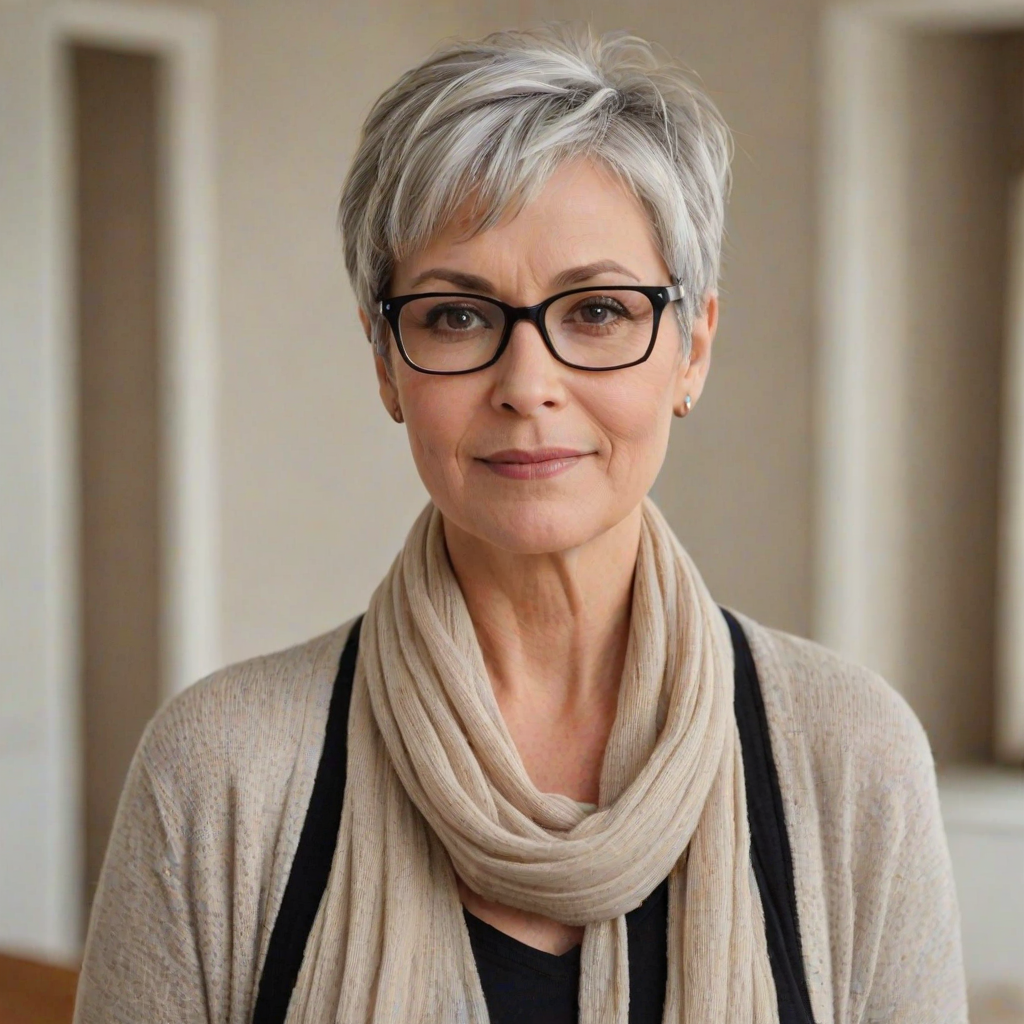 Portrait of a mature woman with short silver hair, styled in an asymmetrical pixie cut with side bangs. She wears black-framed glasses and a beige blouse with a white cardigan over it, as well as a bulky scarf in neutral tones. The woman is indoors with soft lighting and a blur in the background. Her expression is serene and confident, highlighting her elegance and modern style.