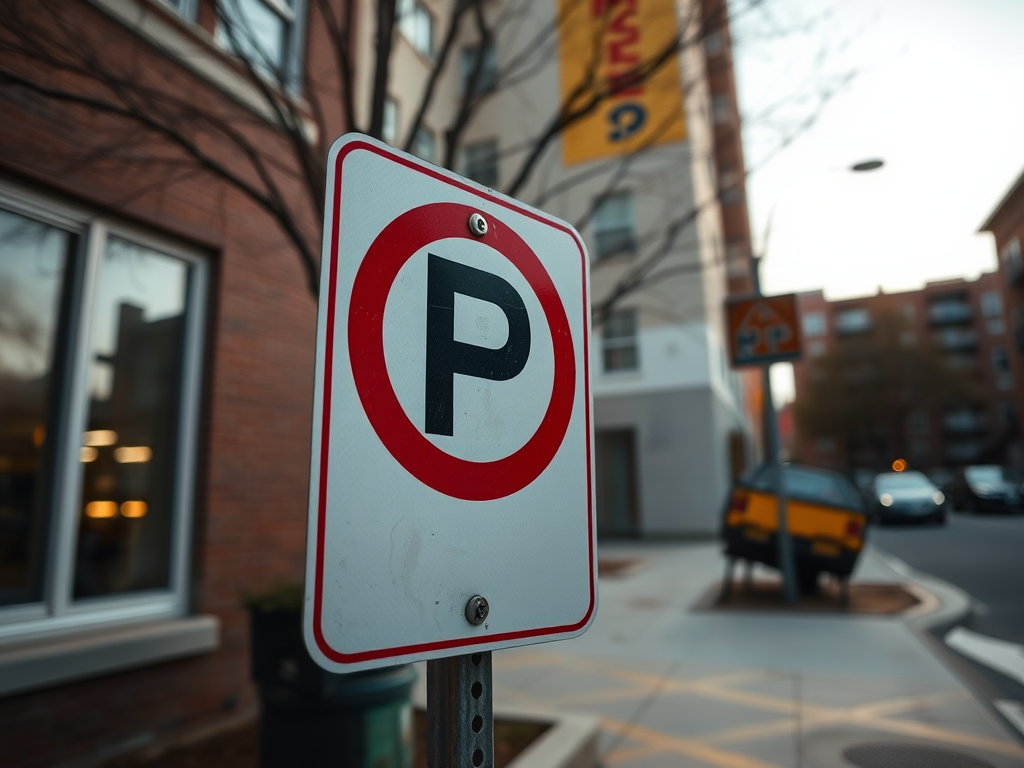 Create a high-resolution image of a no parking sign, shot with a DSLR camera at f/8 aperture, ISO 200, 1/250 sec shutter speed, using a wide-angle lens from a low angle perspective to enhance depth and clarity.