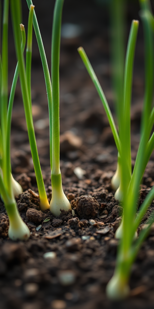 close-up shot of growing green onions in rich dark soil, with a shallow depth of field, natural lighting, aperture f/2.8, ISO 100, focal length 50mm, DSLR camera