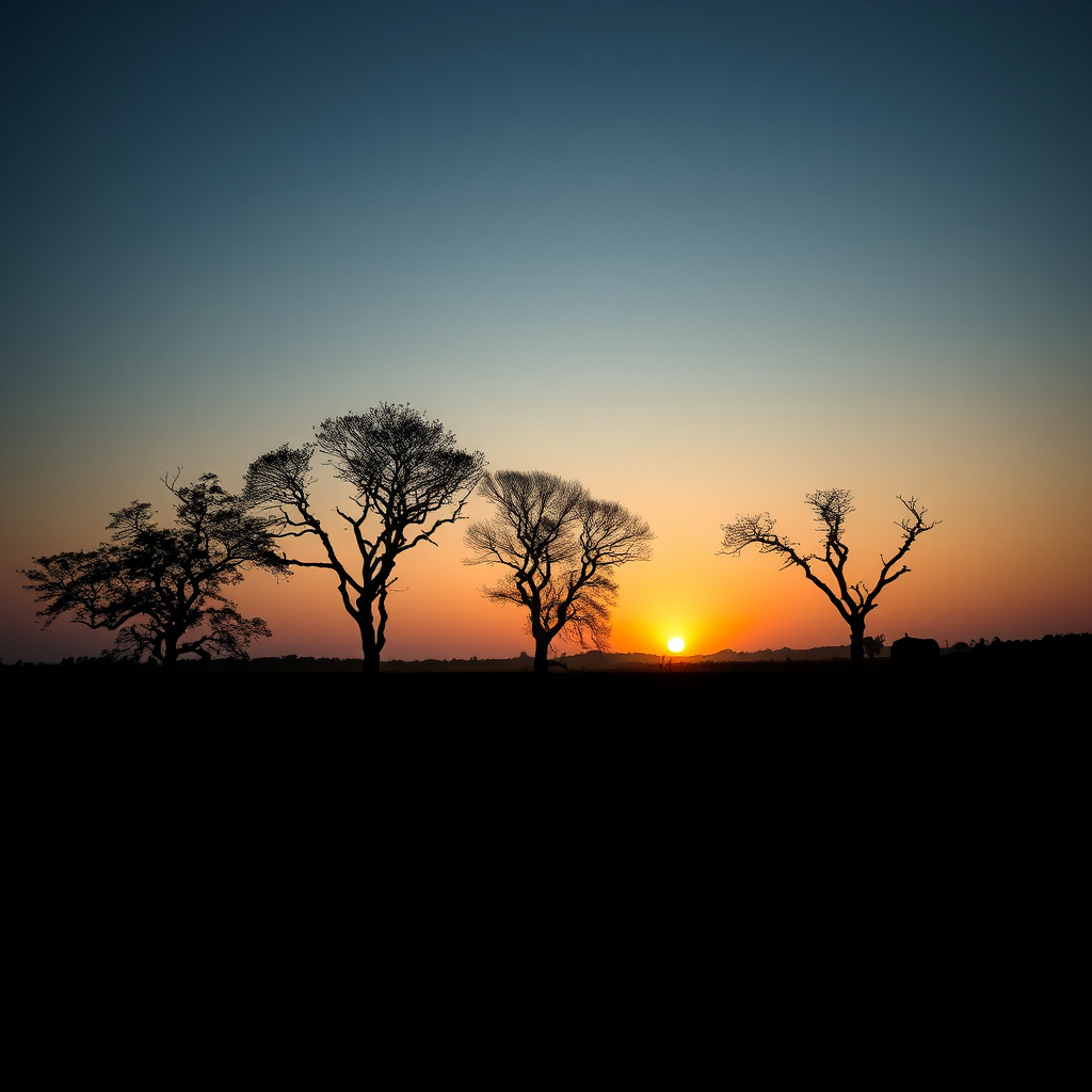 Create a silhouette of a rural landscape at sunset with three distinct trees and a cow, using a Canon EOS R5 with a 24mm lens, aperture set to f/8, ISO 100, and a wide-angle view to enhance depth and clarity.