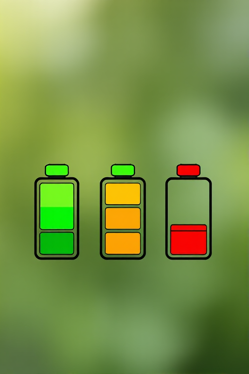 Create a high-resolution image of three battery icons in a vertical alignment with varying charge levels: fully charged (green), half charged (orange), and low charged (red), using a DSLR camera with a 50mm lens, f/2.8 aperture, ISO 100, shooting in natural light with a shallow depth of field for a clean background.