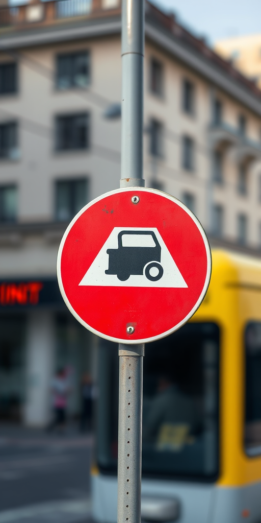 Create an image of a tram warning sign with high contrast and clarity, using a Canon EOS 5D Mark IV, f/8 aperture, ISO 100, 24mm lens, centered composition, natural lighting, and a shallow depth of field to enhance the sign's visibility against a blurred background.