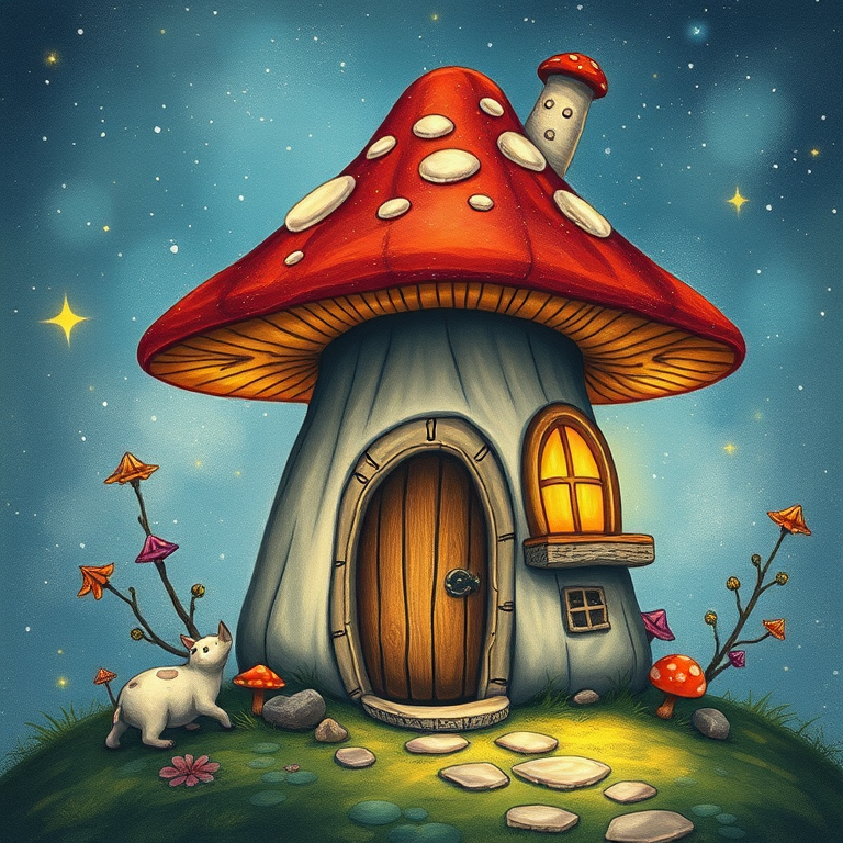 this picture is illustration of a mushroom house with a door and a window, a storybook , fantasy art, mushroom house, bg starry sky, sparkles