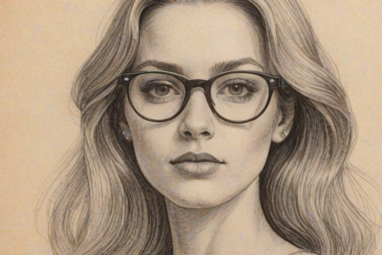 Superb Jewel, pencil sketch, portrait of Lovely woman 1974s in glasses, hair style beatnik, outline, clear lines, fine lines, 8k