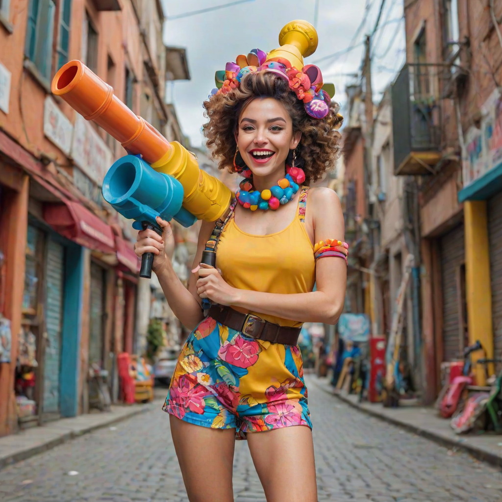 A playful woman holds a bazooka with a mischievous grin, her pose exaggerated and cartoonish. She’s dressed in a colorful, quirky outfit with oversized accessories, giving her a whimsical and fun appearance. The bazooka, although large, is designed in a cute, almost toy-like style, adding to the humorous and lighthearted vibe of the scene. The background is bright and cheerful, enhancing the overall playful atmosphere.
We share ALL our prompts in the Bing Image Prompts group: