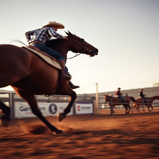 Capture a dynamic scene of a rodeo horse rider in mid-gallop, using a DSLR camera with a 50mm lens, aperture set to f/2.8, shutter speed 1/1000 sec, ISO 400, from a low-angle perspective to emphasize speed and action, in natural daylight for enhanced colors and clarity.