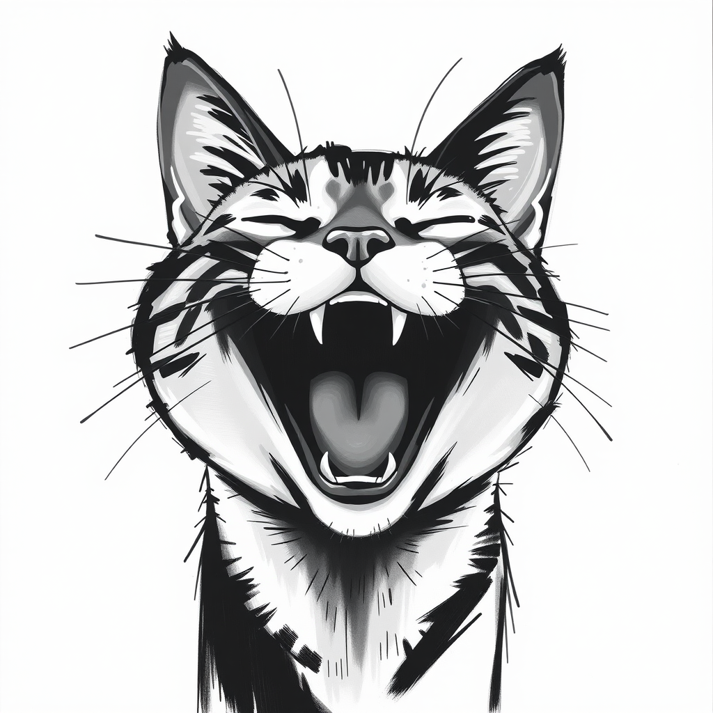 Abstract black and white acrylic portrait of an over exaggerated laughing (cat). Minimalism style. White background.