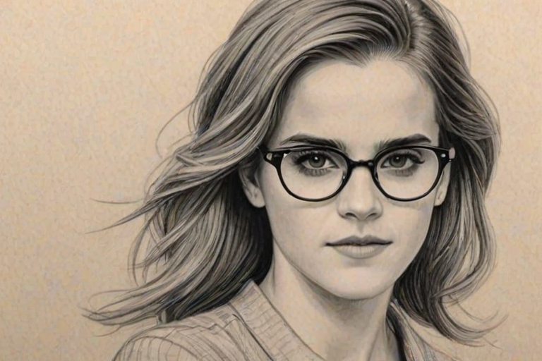 Captivating Emma Watson, pencil sketch, portrait of Stunning woman 1938s in glasses, hair style beatnik, outline, clear lines, fine lines, 8k