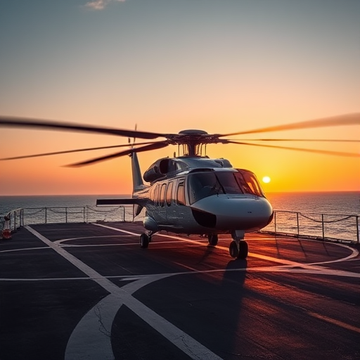 helicopter on a naval ship deck at sunset, captured with a DSLR camera, aperture f/2.8, shutter speed 1/500 sec, ISO 200, wide-angle view, focus on the helicopter with motion blur on blades, natural lighting