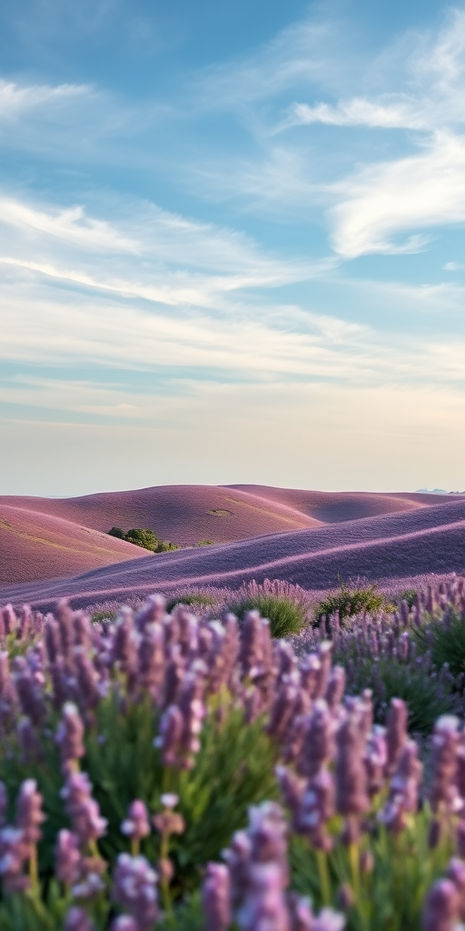 generate a serene landscape featuring rolling hills covered in lavender flowers under a soft blue sky with wispy clouds, use a Canon EOS 5D Mark IV, focal length 50mm, aperture f/8, ISO 100, and a soft focus style to enhance the watercolor effect