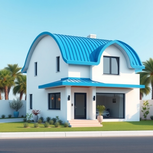 Generate a 3D rendering of a modern house with a blue curved roof and white walls, captured with a Canon EOS R5 at f/8, ISO 100, 50mm lens, using a wide-angle view and high dynamic range settings for enhanced depth and clarity.