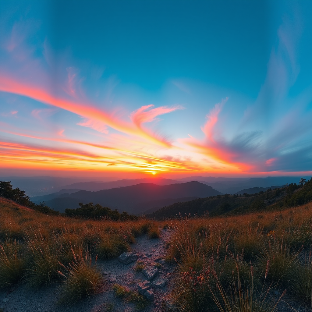 Create a high-resolution image of a serene landscape at sunrise with vibrant colors, using a Canon EOS R5, 24mm lens, aperture f/8, shutter speed 1/125s, ISO 100, wide-angle view, and enhanced saturation and contrast for a more vivid appearance.