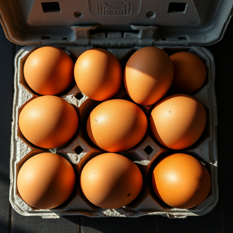 A well-lit top-down view of a cardboard egg carton containing ten brown eggs, shot with a 50mm lens at f/2.8 aperture, ISO 100, with natural lighting to enhance colors and textures.