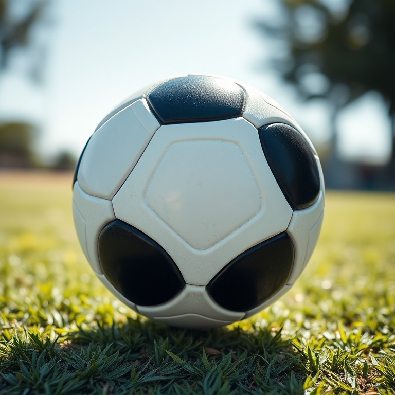 Create a high-resolution image of a classic black and white soccer ball, capture from a frontal view in bright daylight, using a DSLR camera with an aperture of f/4, ISO 100, and a shutter speed of 1/200s to enhance clarity and sharpness.