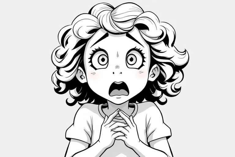 The image is a black and white illustration of a young girl with curly hair. She has a surprised expression on her face with her mouth open and her hands clasped together in front of her chest. Her eyes are wide and her eyebrows are furrowed. Her hair is styled in loose curls that are cascading down her back. The overall mood of the image is one of shock or surprise.