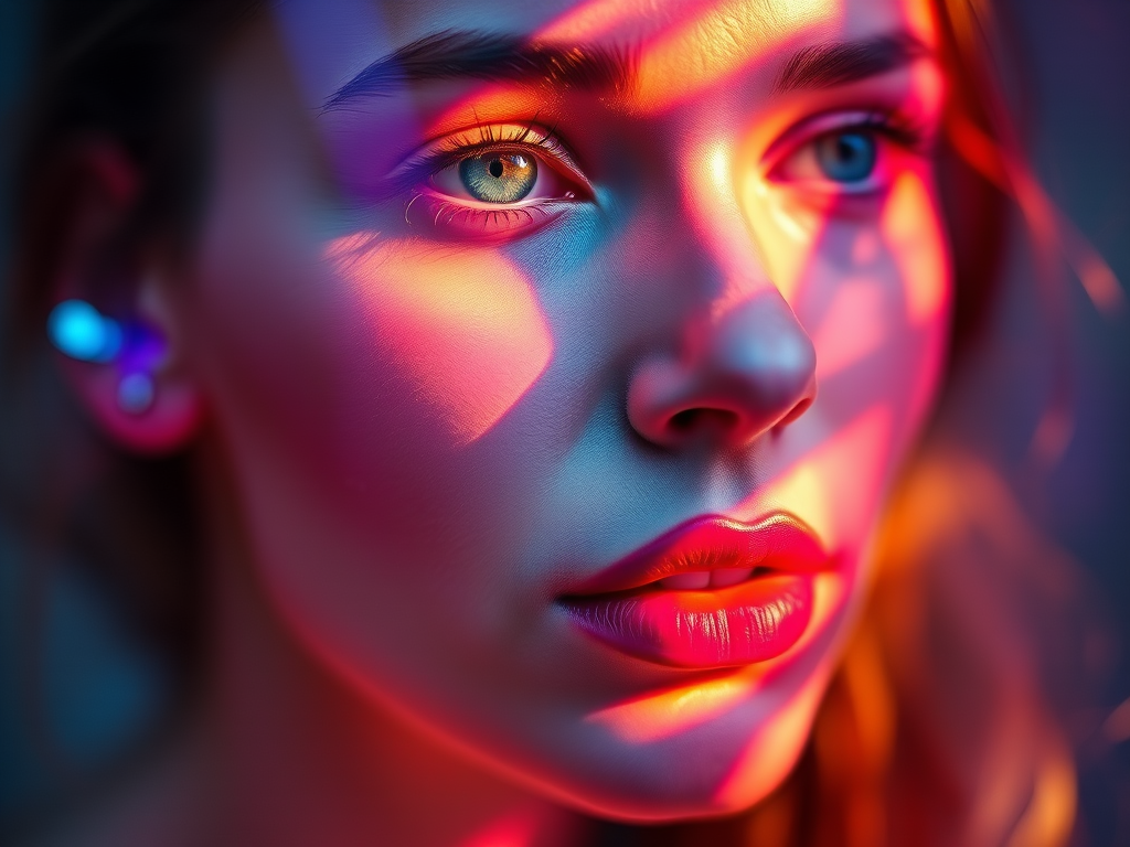 Create an ethereal portrait of a woman's face with vibrant colors blending into abstract shapes, focus on sharp details and softness in the features, use a 50mm lens, f/1.8 aperture, ISO 100, soft lighting, shot in portrait orientation using a DSLR camera.