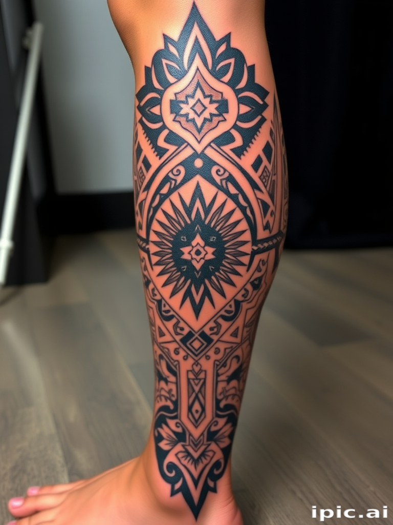 Neo-tribal fusion tattoo covering the entire leg, blending traditional Polynesian patterns with modern geometric elements for a bold and culturally inspired design