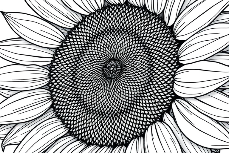 Create a detailed illustration of a sunflower with intricate line work and texture, shot with a Canon EOS R5 at f/8, ISO 100, 50mm lens, maintaining a close-up view for enhanced detail and clarity.