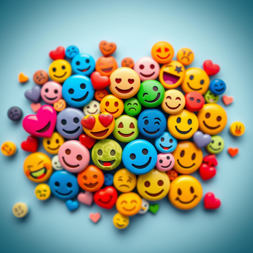 Create a vibrant heart-shaped collage made of diverse colorful emojis, shot with a Nikon D850 at f/8, 1/250s, ISO 100, using macro lens, top-down view, high-definition.