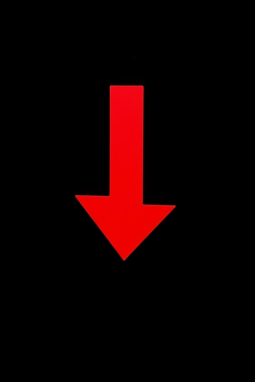 create a vibrant red downward arrow on a solid black background, shot with a DSLR camera, 50mm lens, f/2.8 aperture, 1/60s shutter speed, ISO 100, in high resolution for enhanced clarity.