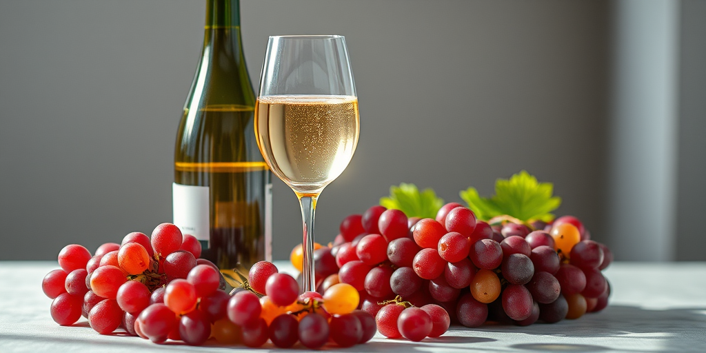 Create a still life image of a wine bottle and a glass filled with sparkling wine, surrounded by fresh grapes, captured with a Canon EOS R5, 50mm lens, aperture f/1.8, shutter speed 1/125s, ISO 200, soft natural lighting, and a shallow depth of field for a refined look.