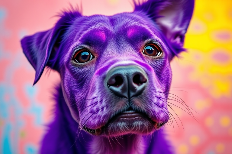 Create a vibrant, abstract portrait of a purple dog with exaggerated features and a colorful background, using a Canon EOS R5 with a 50mm f/1.2 lens, aperture set to f/4, ISO 200, shot in natural light at eye level to enhance detail and contrast.