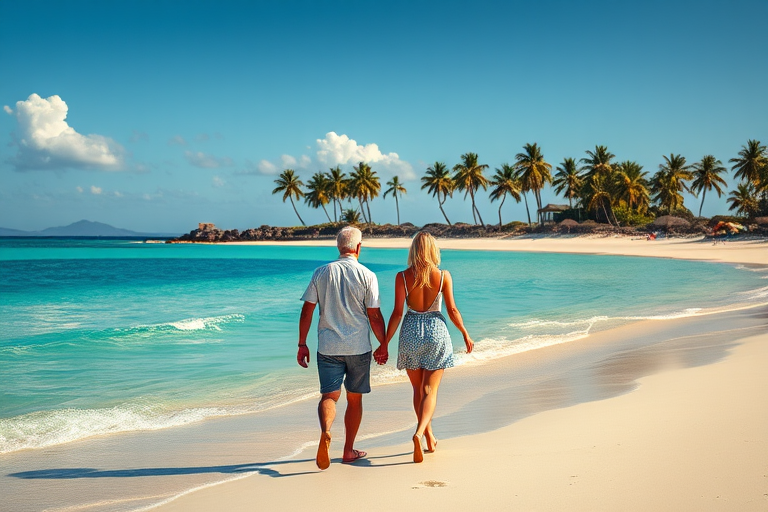 a couple walking hand in hand on a pristine beach during a sunny day with turquoise waters and palm trees in the background, shot with a Canon EOS R5, 35mm lens, f/2.8, ISO 100, at golden hour for enhanced lighting and vibrant colors