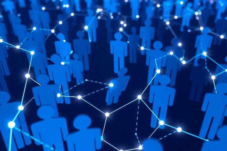 Create a high-resolution image of a network of stylized blue silhouette figures interconnected by light lines, using a 50mm lens, aperture f/2.8, ISO 100, shot from a high-angle view with a digital SLR camera to enhance depth and clarity.