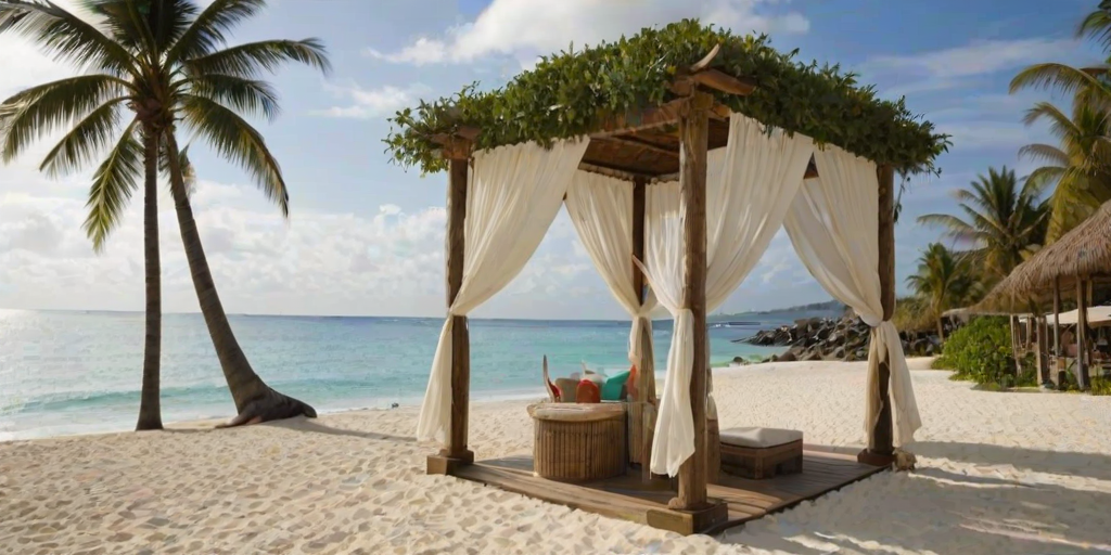 Create a picturesque tropical beach scene featuring a serene, white sandy shore. In the foreground, there's a rustic wooden canopy with white drapes gently flowing in the breeze. Underneath the canopy, a table is set with tropical decor, evoking a sense of relaxation and leisure. The beach extends into a calm, shallow water area with reflections of the sky and surroundings. Palm trees and lush greenery line the edge of the beach, providing a natural, tropical backdrop. The sky is clear with a few scattered clouds, and the overall atmosphere is tranquil and inviting, perfect for a peaceful retreat.