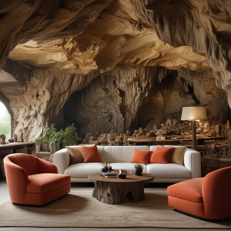 Cozy Living Room with Unique Cave-Inspired Design and Earthy Accents