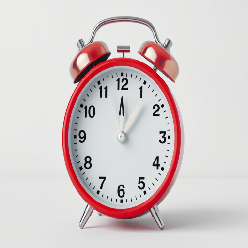 Regenerate a 3D rendering of a classic red alarm clock showing 12:00, with a clean white background, using a DSLR camera set at f/2.8 aperture, 50mm focal length, in macro photography style, with soft lighting to enhance details and texture.