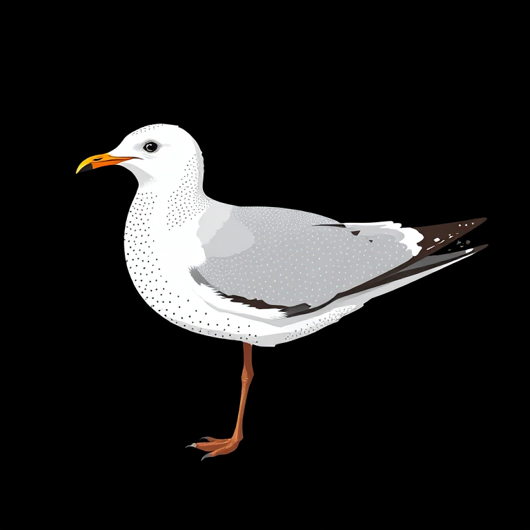 Create an illustration of a seagull with a textured dotted pattern on its wings and body, against a solid black background, captured in sharp focus using a high-resolution DSLR camera with a 50mm lens at f/2.8, ISO 100, and a 1/200s shutter speed, framing the bird in a side view to emphasize its details.