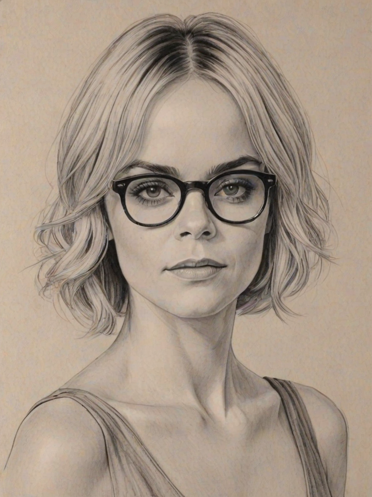 Lovely Taryn Manning, pencil sketch, portrait of Exquisite woman 1925s in glasses, hair style beatnik, outline, clear lines, fine lines, 8k