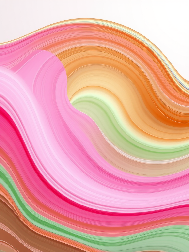 create a vibrant abstract wave pattern with flowing lines in pastel pink, green, and brown, captured with a Canon EOS R5, 50mm lens, f/1.8 aperture, ISO 100, with a soft focus background for enhanced depth and detail.