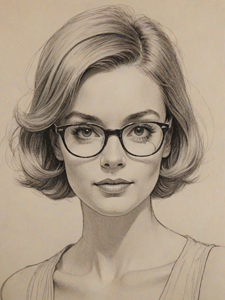 Wonderful Chloe Bailey, pencil sketch, portrait of Radiant woman 1965s in glasses, hair style beatnik, outline, clear lines, fine lines, 8k