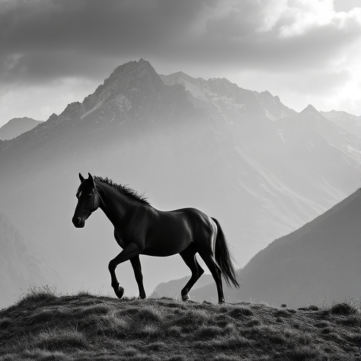 a black horse walking on a hill under a dramatic mountainous landscape in black and white photography
