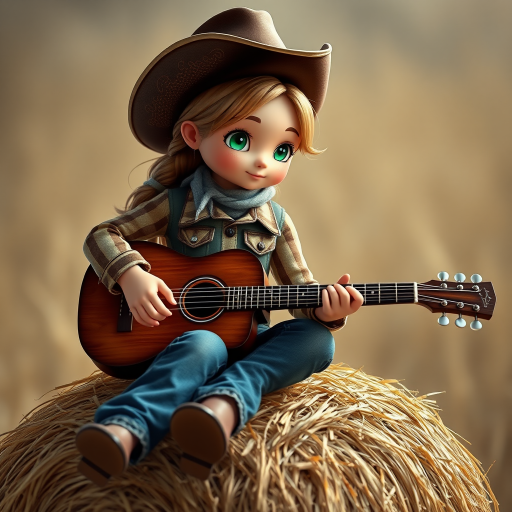 A chibi angelina jolie, dressed as a cowboy, playing guitar, sitting on a hay bale