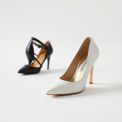 Generate an image of a white high heel and a black dress shoe on a simple background, use a Canon EOS R5 camera with a 50mm lens, set aperture to f/2.8, ISO 100, shutter speed 1/100s, maintain natural lighting for enhanced quality.