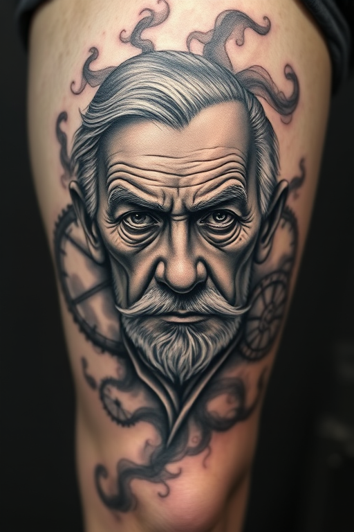 Realistic grayscale portrait tattoo on the thigh, depicting a wise elderly face with deep wrinkles and piercing eyes, surrounded by wisps of smoke and floating clock gears