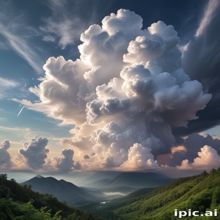 Majestic Cloud Formation Over Lush Green Mountains at Sunset Sky.