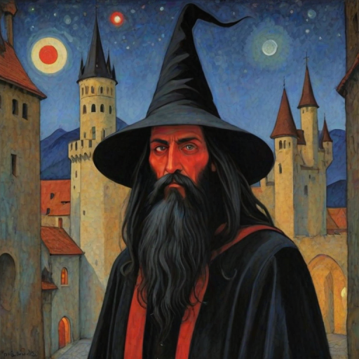 stylized by Paul Serusier, Dorina Costras, fractal manifold of a close up of a In a surreal landscape, a wizard with glowing red eyes and a long black beard wanders through the streets of an ancient castle.