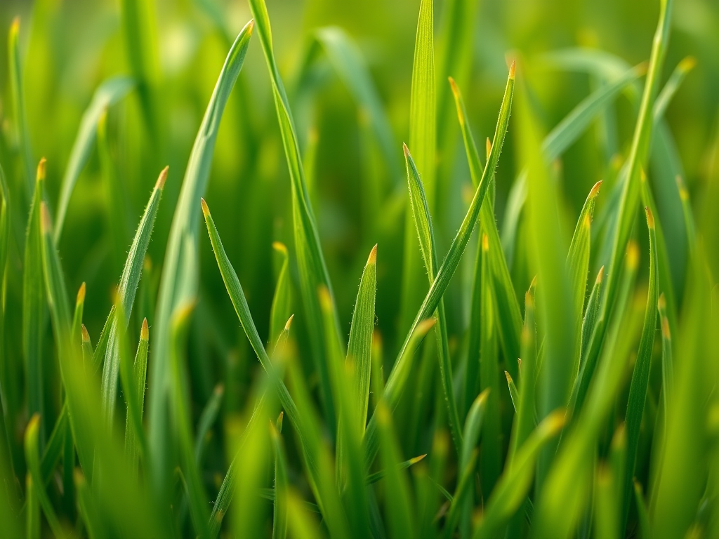 Generate a vibrant illustration of varying heights of grass, showcasing realistic textures and shades of green, shot with a Canon EOS R5 at f/2.8, ISO 100, 1/200s, from a low-angle perspective using macro photography style.