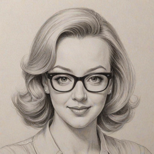 Appealing Wendi McLendon-Covey, pencil sketch, portrait of Superb woman 1956s in glasses, hair style beatnik, outline, clear lines, fine lines, 8k