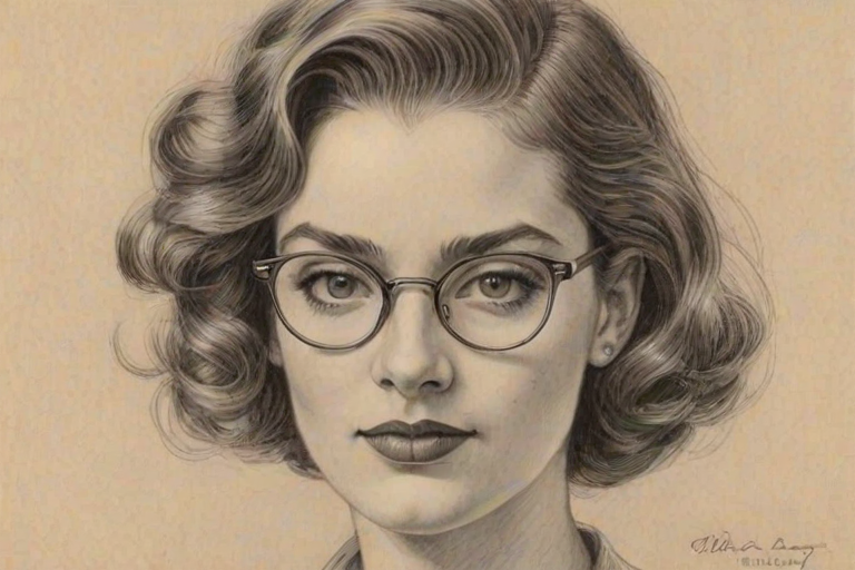 Enticing Annie Murphy, pencil sketch, portrait of Splendid woman 1932s in glasses, hair style beatnik, outline, clear lines, fine lines, 8k