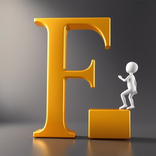 Create a 3D illustration of a gold letter F with a small white figure climbing it, using a DSLR camera at f/8 aperture, ISO 100, 50mm lens, natural lighting, wide-angle view for enhanced depth and clarity.