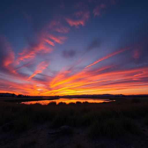 Create a high-resolution image of a serene landscape at sunset, with vibrant colors in the sky reflecting on a calm lake, using a Canon EOS R5, ISO 100, f/8, 1/125s, wide-angle lens at 24mm, shot from a low angle to capture foreground details and a panoramic view.