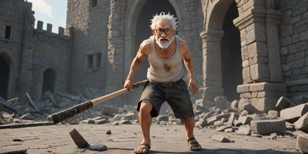 Cartoon 3D High-Resolution,dynamic battle scene using Unreal Engine 5 and Octane Render. The scene features back of an elderly, thai man with a beard,messy hair and round golden-rimmed glasses. He is wearing a tattered tank top with soot marks, shorts, and sandals. sweating. he wields a baseball bat. He jump to fight with a white fire-breathing Europe dragon amidst a partially destroyed stone castle. Include intense flames, smoke, and debris to enhance the dramatic effect.