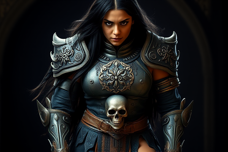 Create a photo of a fierce Micronesian female warrior with long black hair, wearing an ornate, metallic armor. The armor includes a breastplate with intricate designs, shoulder guards, and gauntlets. The breastplate is decorated with a central emblem, possibly representing a mythical symbol, and has a sculpted, form-fitting design. She wears a belt with a large skull ornament at the center, and her armor extends into a partial skirt, revealing one leg. The overall look is both protective and stylish, with a dark, gothic aesthetic. The background is dimly lit, suggesting a medieval or fantasy setting, enhancing the warrior's imposing presence and intense expression.